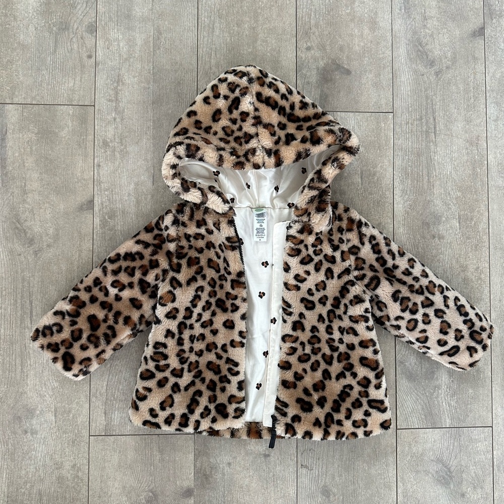 New Little Me Leopard Print Faux Fur Jacket Hoodie Coat Warm Baby Girl Size 18 M - Picture 5 of 16